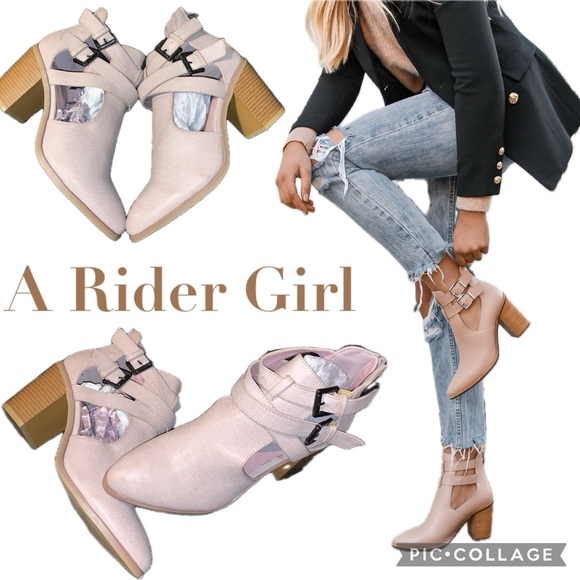 A Rider Girl Bell 02 Cut Out Double Buckle Strappy Heeled Ankle Boots Blush Pink - Picture 1 of 16